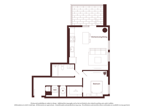 Floor plan for 1 bed, 1 bath, 739 sqft