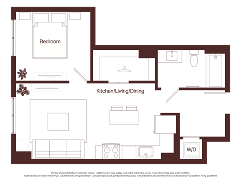 Floor plan for 1 bed, 1 bath, 573 sqft