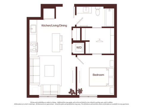 Floor plan for 1 bed, 1 bath, 573 sqft