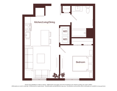 Floor plan for 1 bed, 1 bath, 573 sqft