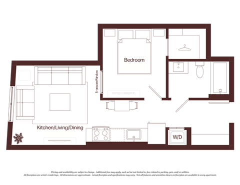Floor plan for 1 bed, 1 bath, 516 sqft