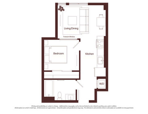 Floor plan for 1 bed, 1 bath, 489 sqft