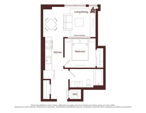 Floor plan for 1 bed, 1 bath, 509 sqft