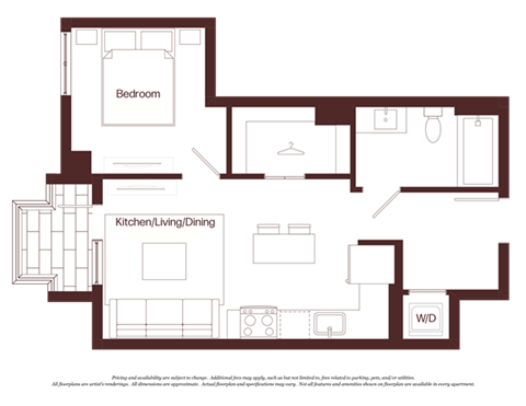 Floor plan for 1 bed, 1 bath, 543 sqft