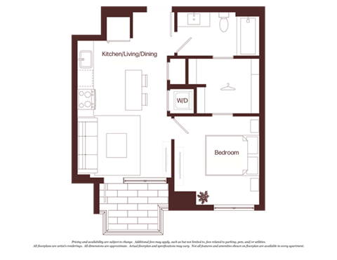 Floor plan for 1 bed, 1 bath, 543 sqft