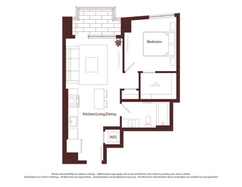 Floor plan for 1 bed, 1 bath, 565 sqft