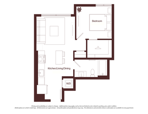 Floor plan for 1 bed, 1 bath, 559 sqft