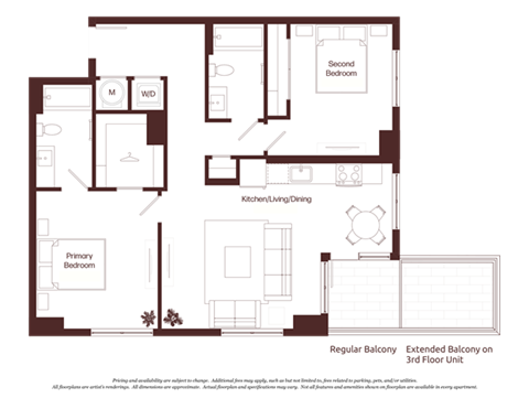 Floor plan for 2 beds, 2 baths, 1001 sqft