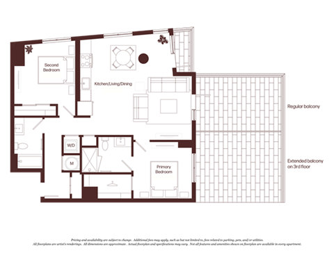 Floor plan for 2 beds, 2 baths, 1070 sqft