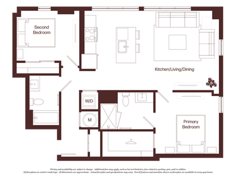Floor plan for 2 beds, 2 baths, 1000 sqft