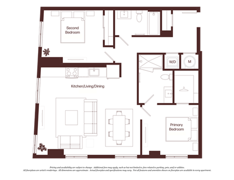 Floor plan for 2 beds, 2 baths, 1090 sqft