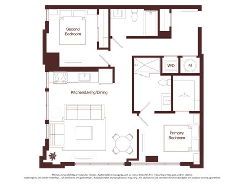 Floor plan for 2 beds, 2 baths, 952 sqft