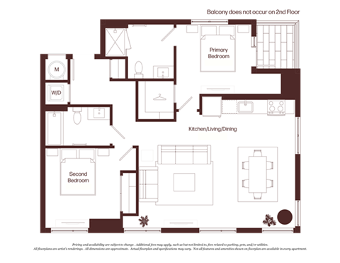 Floor plan for 2 beds, 2 baths, 980 sqft