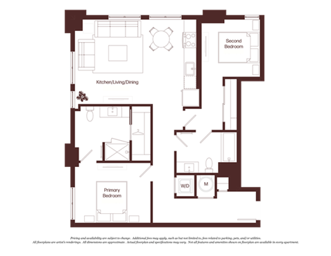 Floor plan for 2 beds, 2 baths, 978 sqft