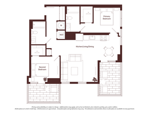 Floor plan for 2 beds, 2 baths, 993 sqft