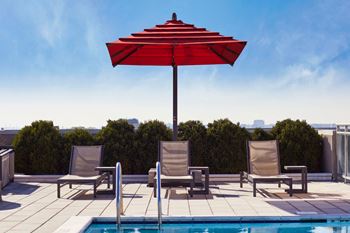 Sparkling rooftop pool with sundeck and private cabanas