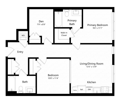 Floor plan for 2 beds, 2 baths, 923 sqft