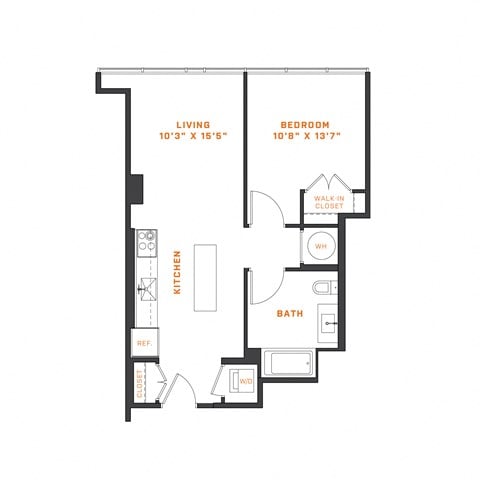 Floor plan for 1 bed, 1 bath, 611 sqft
