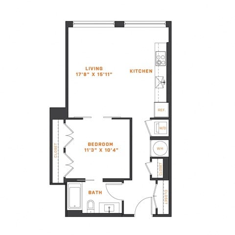 Floor plan for 1 bed, 1 bath, 631 sqft
