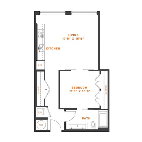 Floor plan for 1 bed, 1 bath, 657 sqft