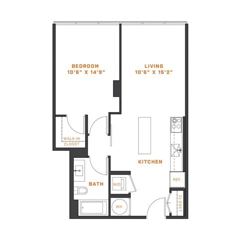Floor plan for 1 bed, 1 bath, 664 sqft