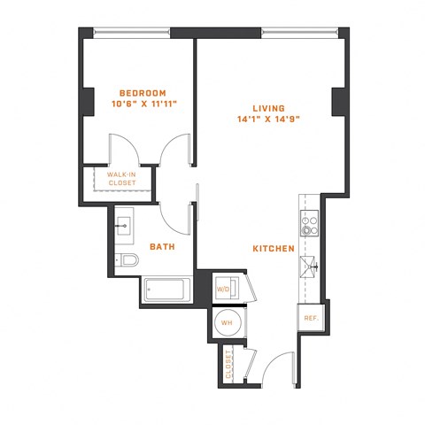 Floor plan for 1 bed, 1 bath, 699 sqft