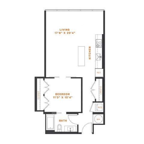 Floor plan for 1 bed, 1 bath, 721 sqft
