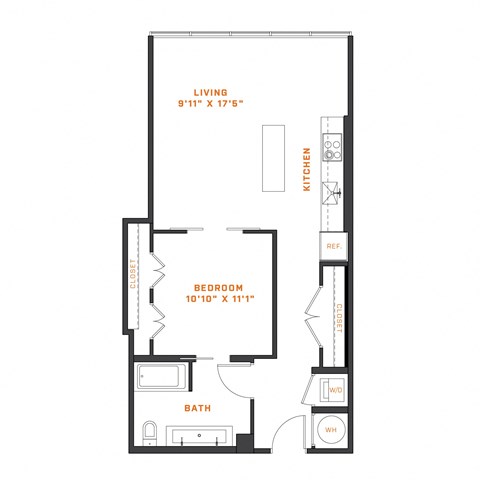 Floor plan for 1 bed, 1 bath, 731 sqft