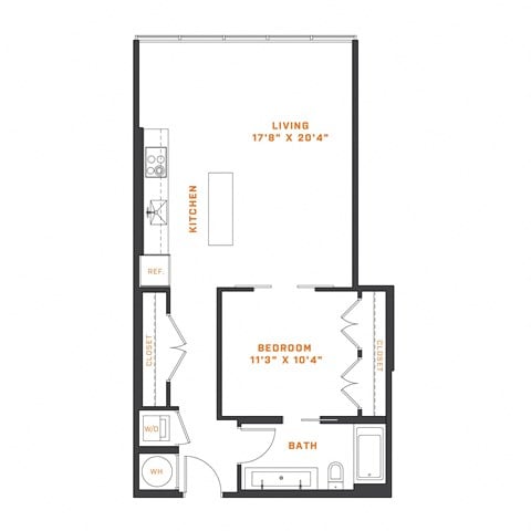 Floor plan for 1 bed, 1 bath, 733 sqft
