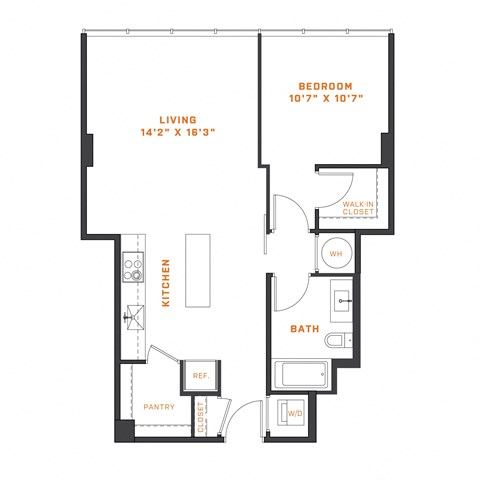 Floor plan for 1 bed, 1 bath, 742 sqft