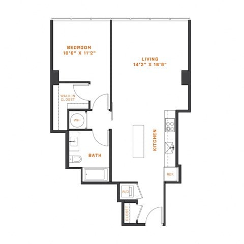 Floor plan for 1 bed, 1 bath, 766 sqft