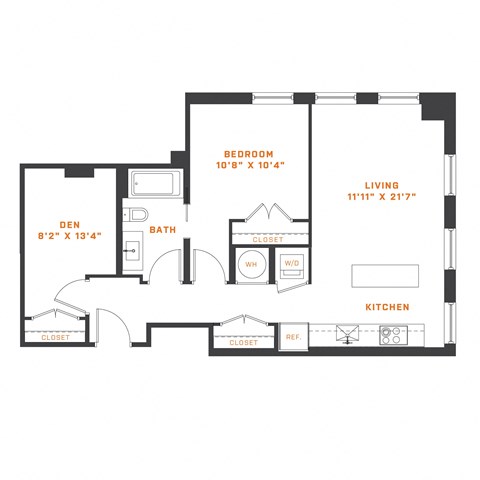 Floor plan for 1 bed, 1 bath, 737 sqft