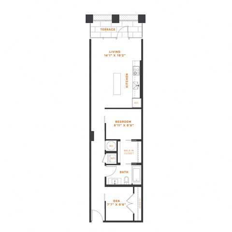 Floor plan for 1 bed, 1 bath, 745 sqft