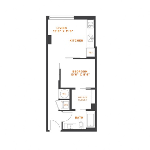 Floor plan for 1 bed, 1 bath, 488 sqft
