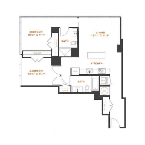 Floor plan for 2 beds, 2 baths, 921 sqft