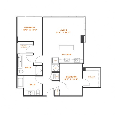 Floor plan for 2 beds, 2 baths, 1009 sqft