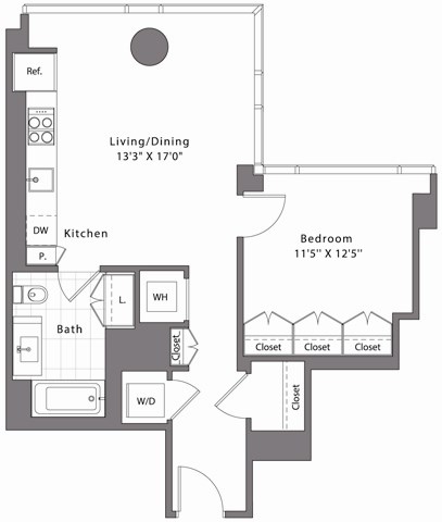 Floor plan for 1 bed, 1 bath, 657 sqft