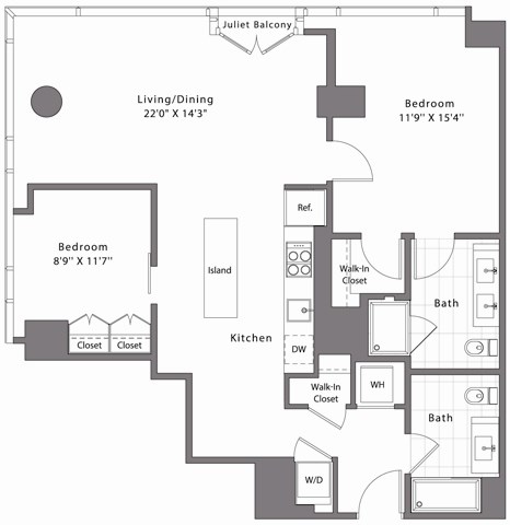 Floor plan for 1 bed, 2 baths, 1145 sqft