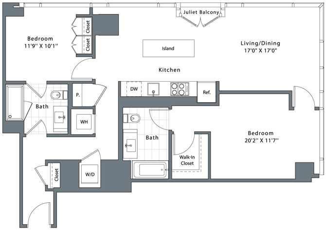Floor plan for 2 beds, 2 baths, 1071 sqft