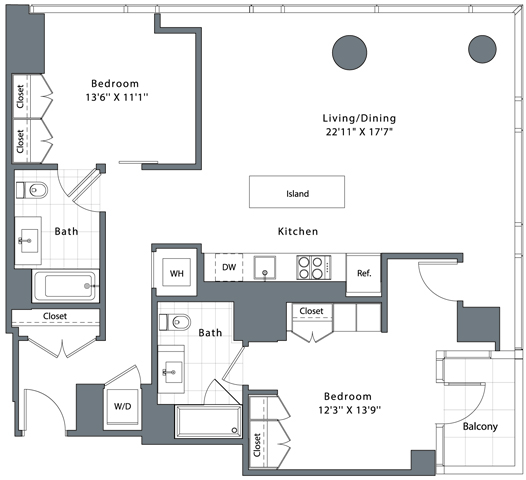 Floor plan for 2 beds, 2 baths, 1183 sqft