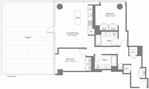 Floor plan for 2 beds, 2 baths, 1117 sqft