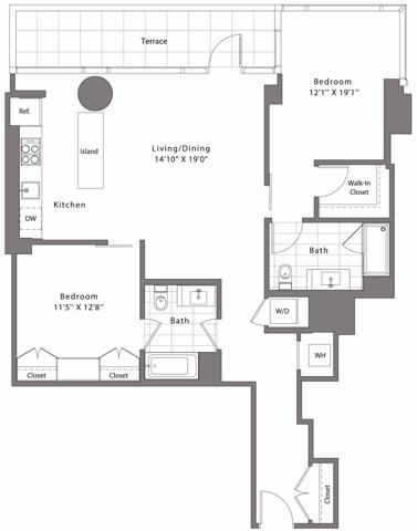 Floor plan for 2 beds, 2 baths, 1127 sqft