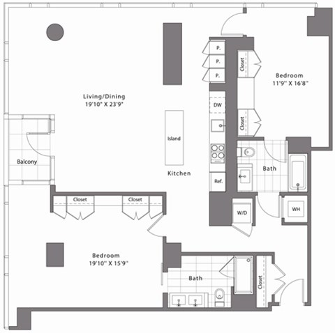 Floor plan for 2 beds, 2 baths, 1733 sqft