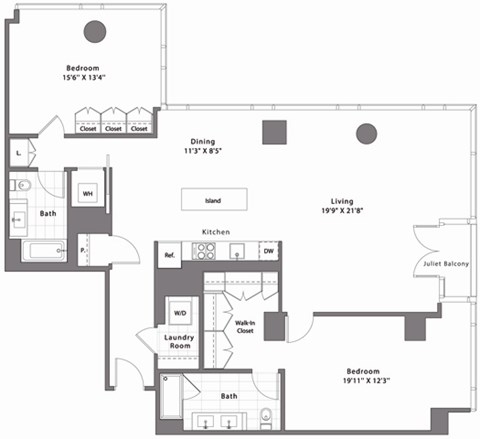 Floor plan for 2 beds, 2 baths, 1629 sqft