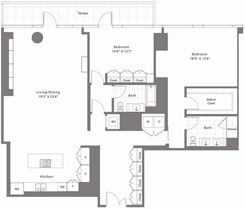 Floor plan for 2 beds, 2 baths, 1865 sqft