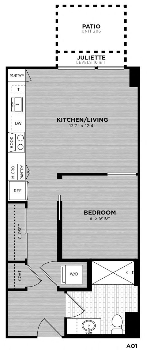 Floor plan for 1 bed, 1 bath, 515 sqft