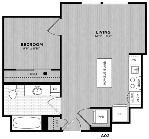 Floor plan for 1 bed, 1 bath, 523 sqft