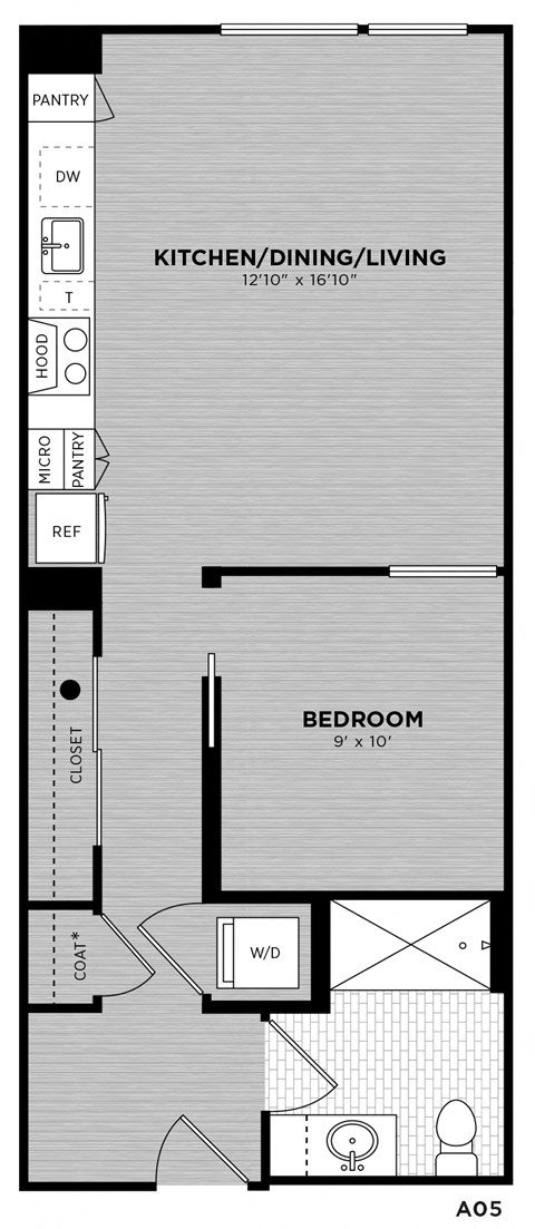 Floor plan for 1 bed, 1 bath, 560 sqft