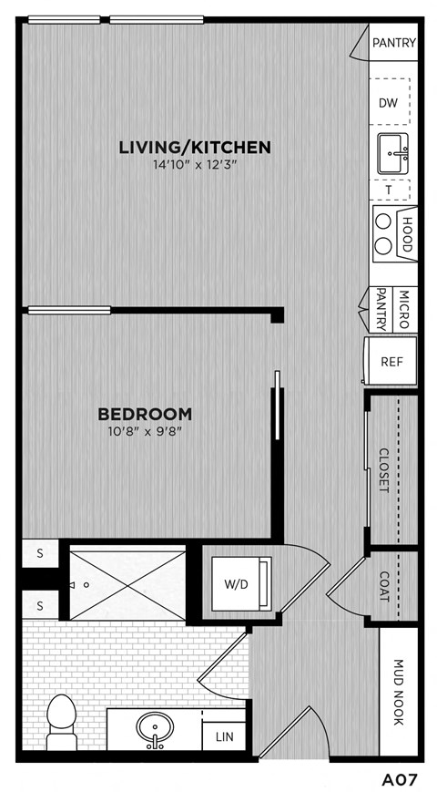 Floor plan for 1 bed, 1 bath, 570 sqft