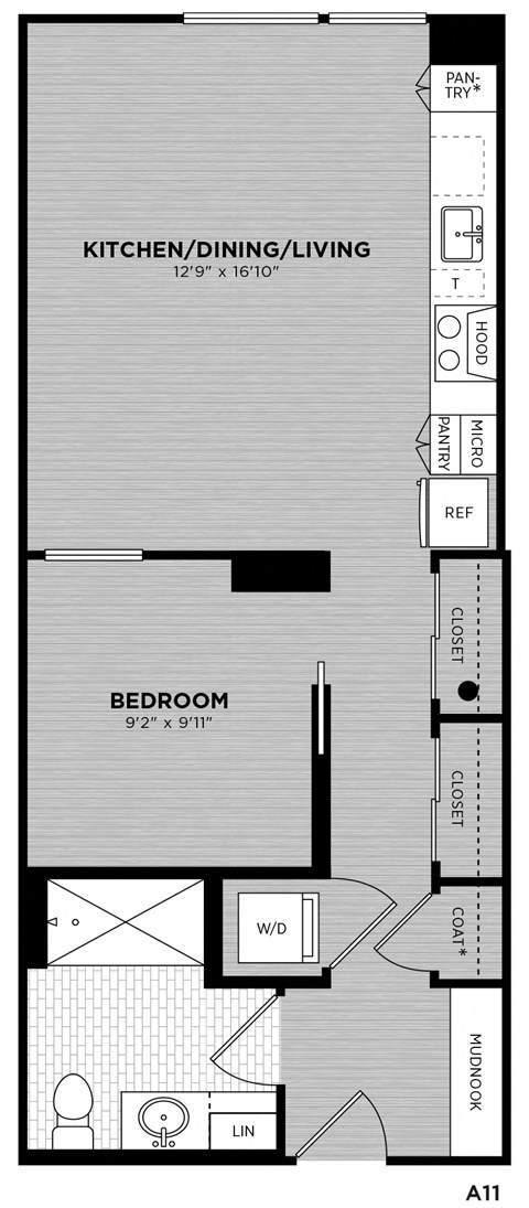 Floor plan for 1 bed, 1 bath, 596 sqft